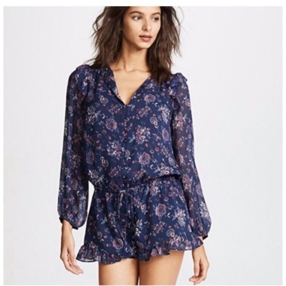 Joie Romper Womens Long Sleeve Silk Floral Cherita Navy Ruffle V-Neck Size‎ S